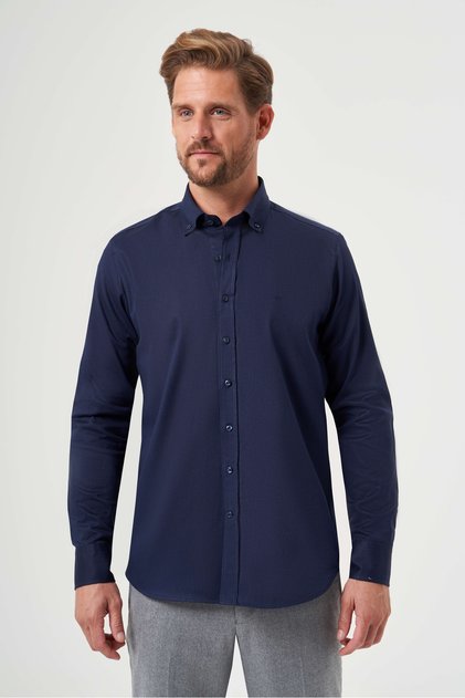 Regular Fit Long Sleeve Pasha Collar Navy Blue Sports Men's Shirt
