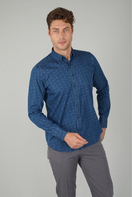 Navy Blue Modern Fit Cotton Denim Patterned Long Sleeve Shirt