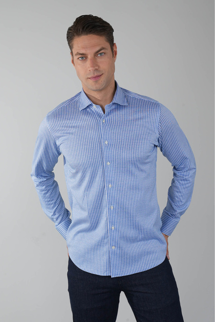 Blue Long Sleeve Italian Collar Pocketless Men's Shirt