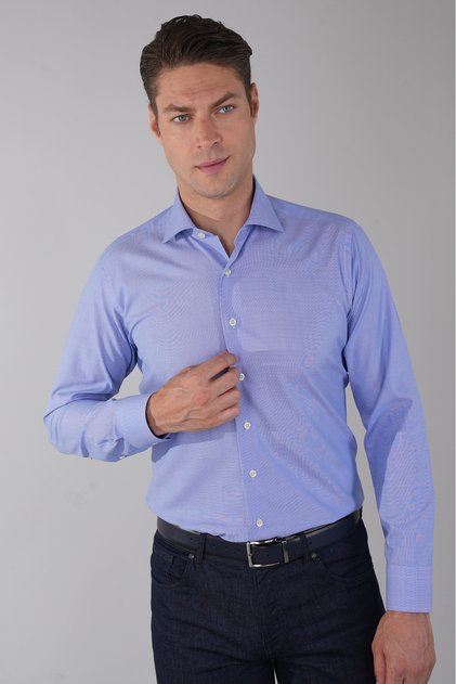Blue Regular Fit Cotton Italian Collar Long Shirt