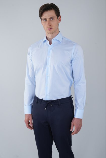 Light Blue Regular Fit Cotton Pocketless Italian Collar Long Shirt