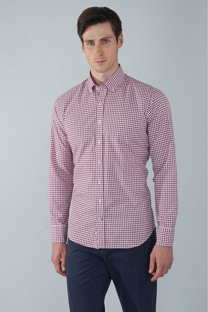 Long Sleeve Pasha Collar Pocketless Burgundy Cotton Men's Shirt