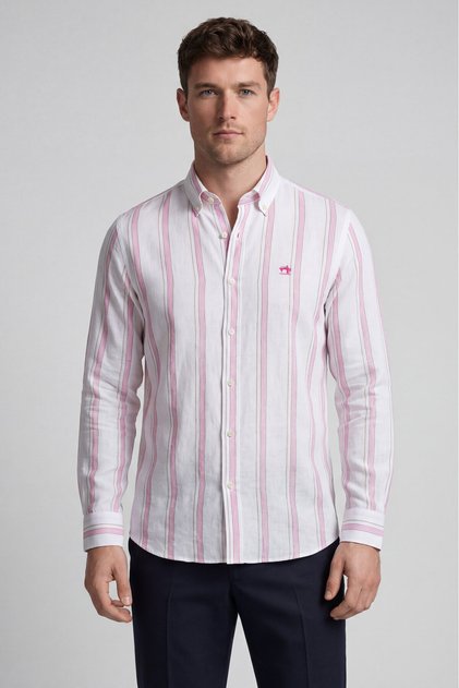Pink Regular Fit Cotton Linen Long Pasha Collar Shirt