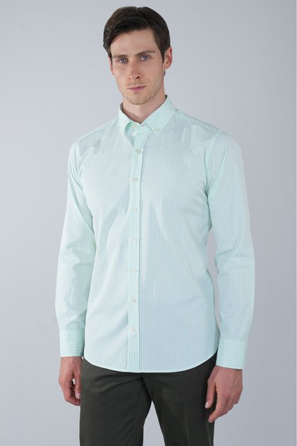 Long Sleeve Pasha Collar Pocketless Green Cotton Men's Shirt