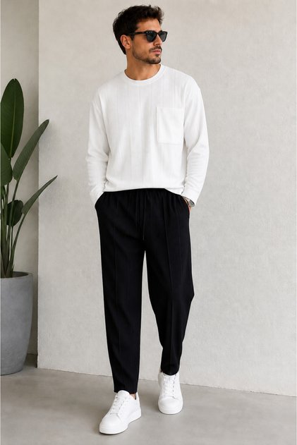 Men's Ottoman Fabric Crew Neck Top and Bottom Set