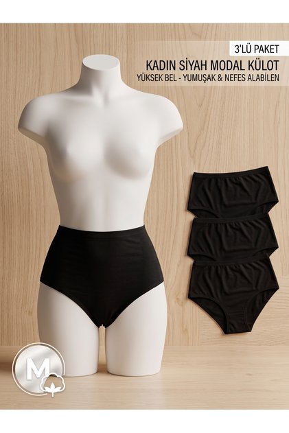 3-Piece Women's Black Modal Soft Breathable High Waist Panties