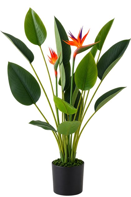 Artificial Strelitzia Plant 95 cm – 16 Leaves with 2 Birds – Realistic Touch – UV & Heat Resistant – Indoor & Outdoor – With Decorative Black Plastic Pot