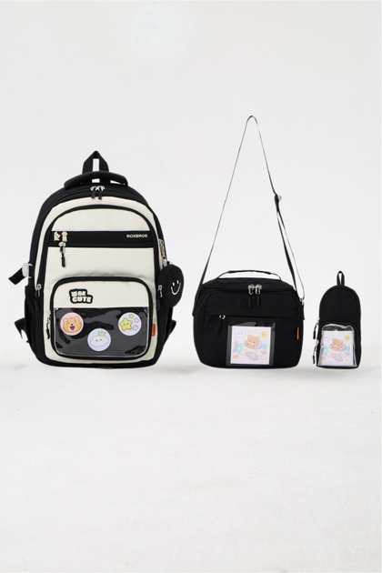 Korean Style Badge-Decorated 3-Piece Set Black Girls & Boys Children's School Bag & Primary School Backpack & Lunch Bag & Pencil Case