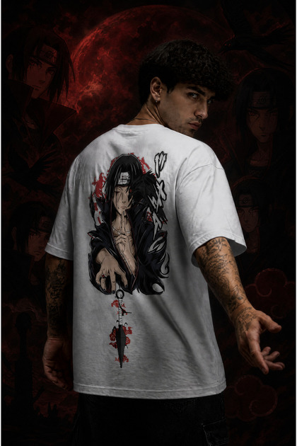 Naruto Itachi Uchiha Akatsuki Anime Unisex Oversize 24/1 Cotton T-Shirt - Custom Collar Print