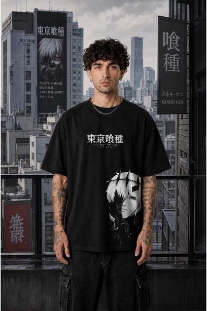 Tokyo Ghoul Kaneki Anime Unisex Oversize 24/1 Cotton T-Shirt - Special Collar Print