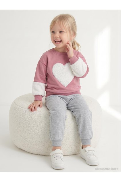 Heart Embroidered 2-5 Years Old Tracksuit Set - Softpink-Grimelange 2-3 Years Old