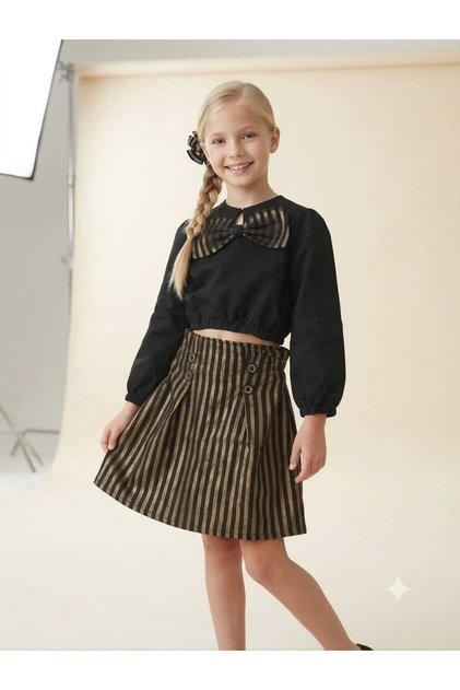 Girl's Black Blouse Striped Skirt Buckle 3-Piece Set