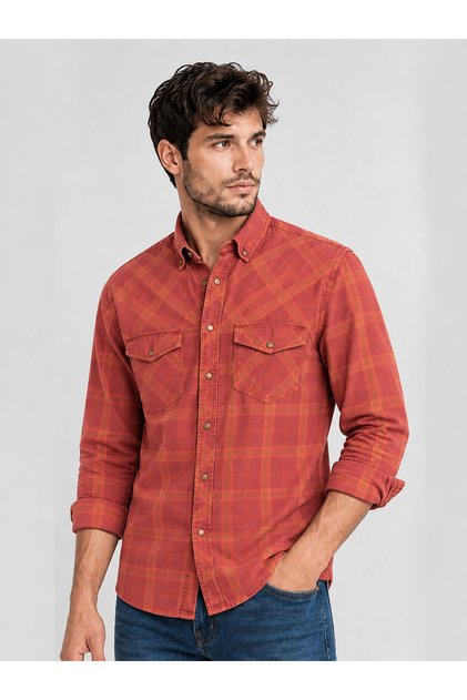 Erkek Denim Ekose Pamuklu Çıtçıt Düğmeli Slim Fit Uzun Kollu Gömlek