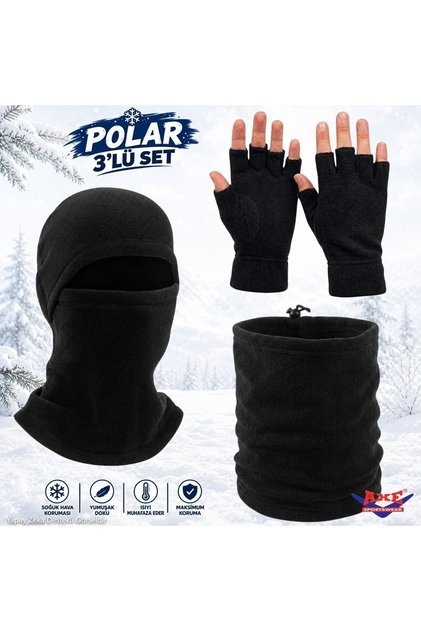 Winter Black Fleece Foldable Comfortable Use Cutout Fingerless Gloves with Non-Tightening Cuffs, Balaclava, Neck Gaiter 3-Piece Set