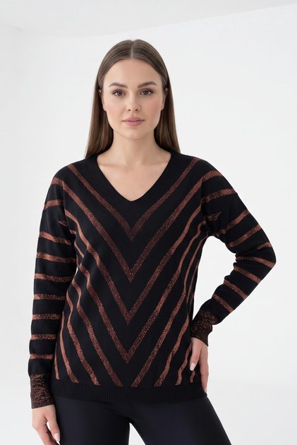 Bluză damă cu decolteu în V, cu sclipici, cu dungi diagonale, din material tricot elastic, negru-auriu