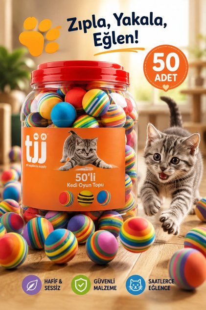 Rainbow Bounce 50 Colorful Cat Play Ball Bucket Lightweight Fun Bouncing Toy Set