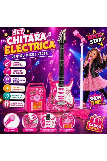 Chitara cu Amplificator si Microfon idealstore rock party pink Echipata cu 6 corzi metalice, Control