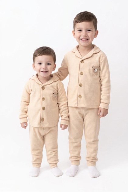 Baby Boy & Child Buttoned Teddy Bear Figured 100% Cotton Pajama Set