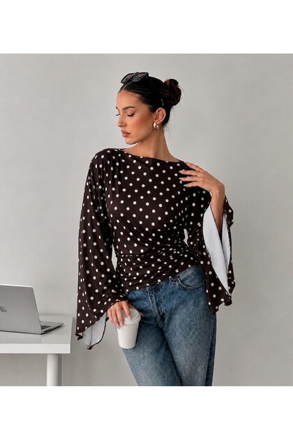 Women's Boat Neck Polka Dot Spanish Sleeve Slit Blouse