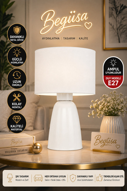 Loya Masa Lambası Beyaz, Metal Masa Lambası, Dekoratif Abajur, Modern Masa Aydınlatması, Sehpa ve Komodin Üzeri Kullanım, Ev Dekorasyonu
