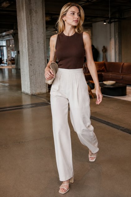 Women's Ecru Linen Look Pocketed Half Lined Palazzo Pants Arm-24Y 001070