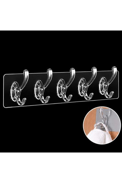 5-Piece Self-Adhesive Strong Transparent Hanger - Behind Door Kitchen Wall Bathroom Hanger