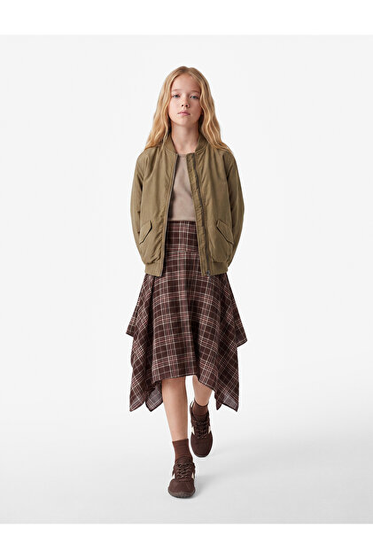 Asymmetrical Cut Cotton Below-Knee Plaid Skirt