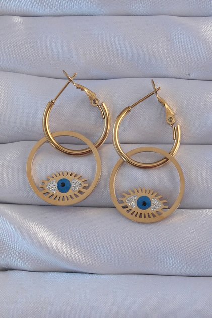 316L Steel Gold Color Zircon Stone Blue Eye Design Hoop Earrings