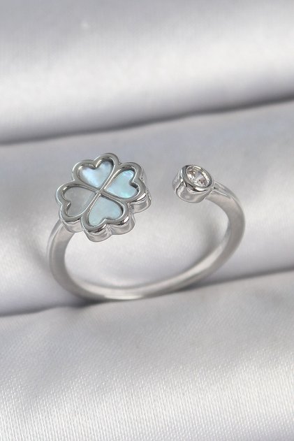 Brass Silver Color Blue Enamel Clover Model Zircon Stone Detail Adjustable Women's Ring