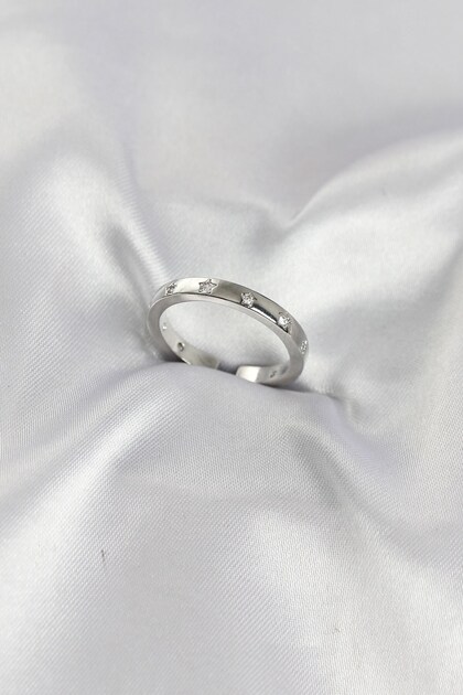 Brass Silver Color Star Detailed Wedding Ring Model Women's Ring