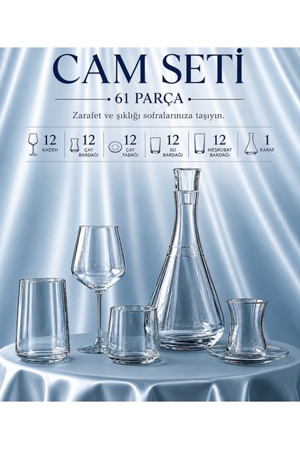 61 Parça Lüks Cam Bardak Seti Gümüş Detaylı Sürahi, Çay Bardağı, Su Bardağı ve Kadeh Takımı