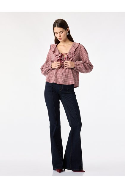 Waffle Fabric Ruffled Flounce Lace-Up V-Neck Long Sleeve Plaid Blouse