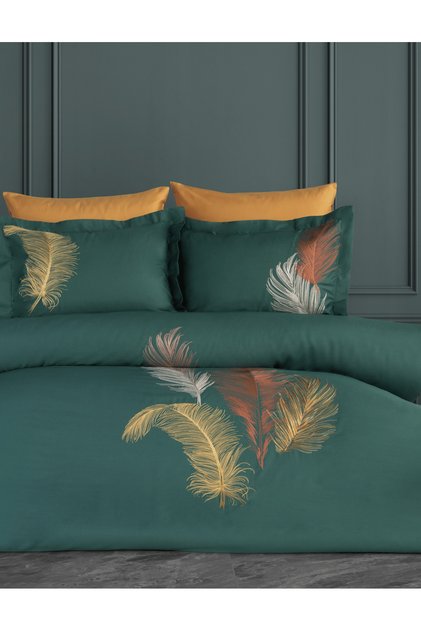 Embroidered Cotton Satin Duvet Cover Set - Green