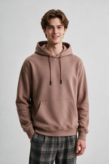 Men's Brown Hooded Sweatshirt with Kangaroo Pocket and 3-Thread Fleece Inside