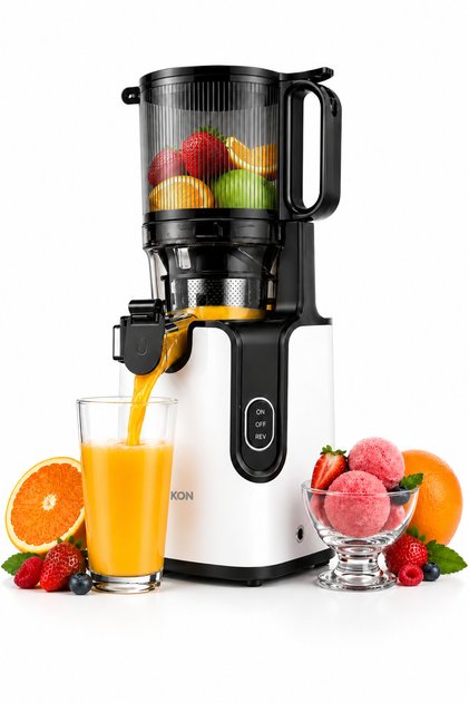 Storcator cu Presare la Rece Latkon®️ SJ250Nova, Putere 250W, Ax cu Melc, Silentios, Antioxidare, Recipient Suc 1.2L, Recipient Pulpa 1.1L, Alb