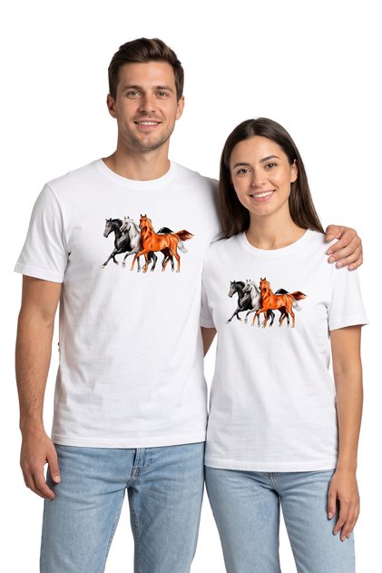 Beyaz Renk Basic At Baskılı Erkek T-shirt