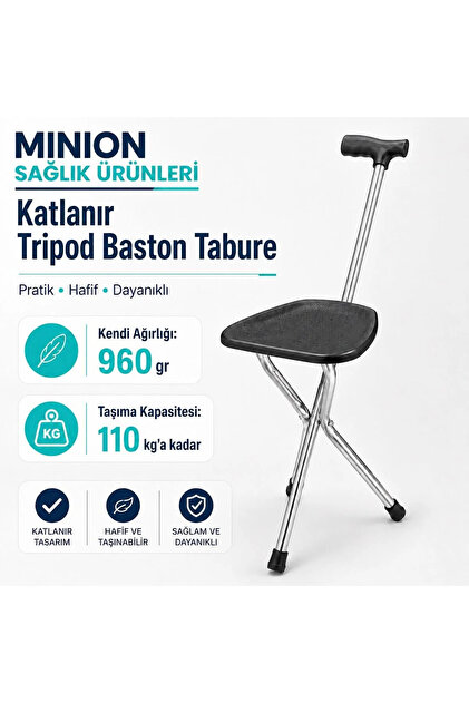 Katlanabilir Bastonlu Oturma Taburesi Baston Sandalye Yaşlı Hasta Yürüme Destekli Portatif Tabure