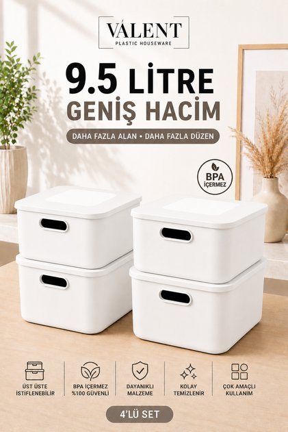 Nero 9.5 Lt 4'lü Çok Amaçlı Kapaklı Organizer Kutu Makyaj Banyo Mutfak Oyuncak Düzenleyici