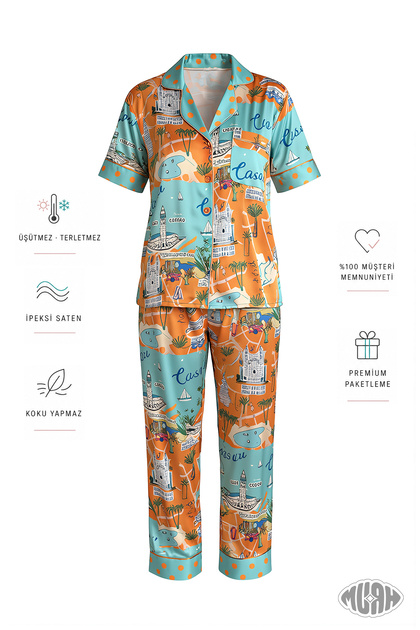 Casablanca Sunset Women's Satin Pajama Set with Ethnic Pattern Short Sleeve Orange