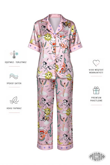 Royal Dreams Women Satin Pajama Set Horse and Carriage Patterned Short Sleeve Pink