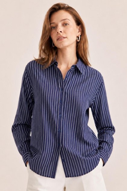 Navy Blue Striped Women's Shirt Long Sleeve Stylish Patterned Shirt -