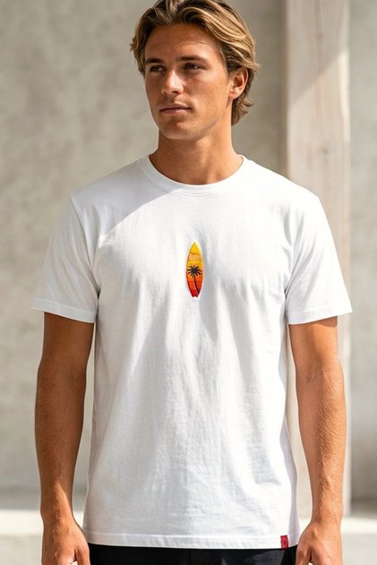 Men's Surf Embroidery Patterned White 100% Cotton Sports Casual T-Shirt Regular Fit - Minimal Design White Basic Summer Surfer Sports T-Shirt