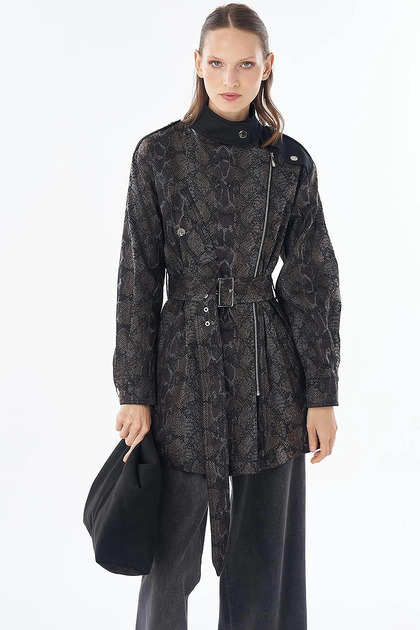 Animal Print Pattern Stand Collar Jacket Black