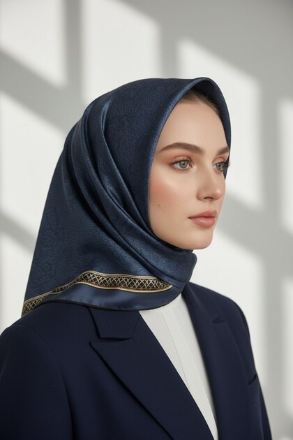 Twill Kare Desenli İndigo Renkli 90x90 Eşarp (İpek İçermez) Kenar Dikiş Şekli El Dikişli
