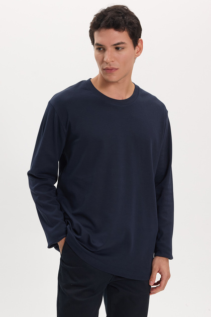 Unisex Relax Fit Rahat Kesim %100 Pamuk Uzun Kollu Bisiklet Yaka Lacivert Basic Sweatshirt