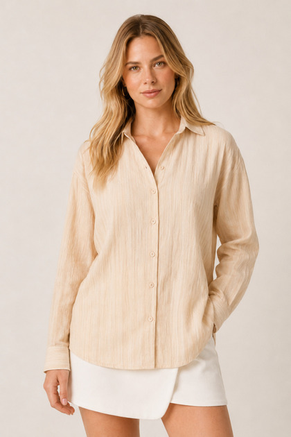 Women's Beige Textured Fabric with Buttons on the Front, Slightly Transparent -Stylish-