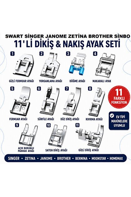 Swart 11 Parça Ev Tipi Aile Dikiş Makinesi Ayak Seti Singer Janome