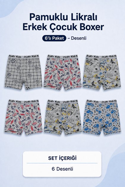 Cotton Lycra Boys' Boxer 6-Piece Pack - Patterned