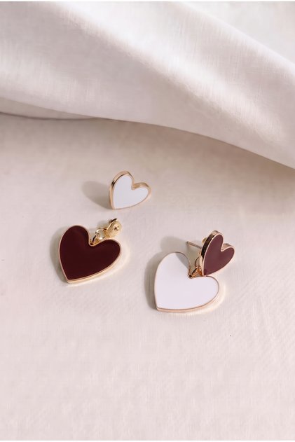 Burgundy Enameled Heart Design Gold Color Women's Earrings