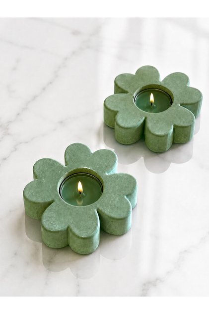 2'li Yeşil Çiçek Yonca Beton Tealight Mumluk Seti Dekoratif Ev Aksesuarı